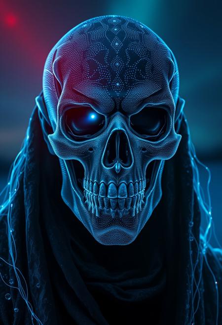 A symmetric portrait of a male, evil frozen Skeletor, features dissolving into frozen magic thin, luminescent blue lines. Weighted Voronoi stippling and laser caustics create a network, transitioning from hyperrealistic detail to abstract, quantum-inspired forms. Ethereal hues blend, evoking existential transition and mystery. Close-up on face, evil skull partially visible. Set against a twilight arctic backdrop, icy winds ripple through his tattered robes. Rendered in a fusion of photorealism and digital surrealism, the scene is illuminated by ghostly Northern Lights. Emphasis on cold, menacing atmosphere, invoking Nordic myths