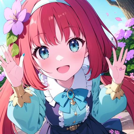 masterpiece, best quality, absurdres, nilou (genshin impact), 1girl, purple flower, skirt, flower, solo, frills, long hair, bangs, long sleeves, red hair, smile, parted bangs, hair flower, petals, looking at viewer, shirt, blue skirt, outdoors, brooch, twintails, hair ornament, white shirt, hairband, nail polish, alternate costume, floral print, bag, aqua eyes, open mouth, :d, blush, frilled sleeves, bow, falling petals, hand up, frilled hairband, blue gemstone, holding, blue bow, puffy long sleeves, very long hair, frilled skirt, frilled shirt, handbag, gem, waving, belt, jewelry, low twintails, bowtie, tree, contemporary, cowboy shot, clothing cutout, day, floating hair, braid, shoulder cutout, puffy sleeves, breasts, blue hairband, blue bowtie, light, green eyes,
 <lora:nilouGenshinImpact_v10:.8>