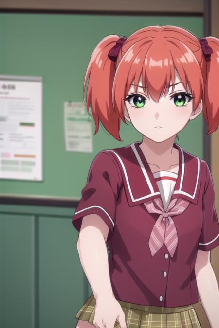 kokoashuzen, <lora:kokoa shuzen s2-lora-nochekaiser:1>,
kokoa shuzen, twintails, (green eyes:1.5), red hair, hair bow, short hair,
BREAK skirt, thighhighs, school uniform, black thighhighs, plaid, serafuku, red shirt, short sleeves, 
BREAK indoors, classroom,
BREAK looking at viewer, (cowboy shot:1.5),
BREAK <lyco:GoodHands-beta2:1>, (masterpiece:1.2), best quality, high resolution, unity 8k wallpaper, (illustration:0.8), (beautiful detailed eyes:1.6), extremely detailed face, perfect lighting, extremely detailed CG, (perfect hands, perfect anatomy),