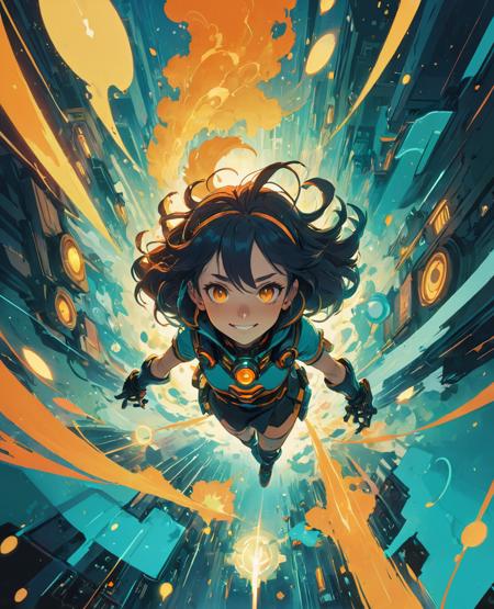 (Fllustration:1.2), flat, vector art, (anime artwork:1.2), (concept art:1.5), <portrait of 1girl, portrait (charisma), smile, orange abstract decoration,teal, fantasy gothic aesthetic, lighting,(atmosphere)>, complex lighting,(atmosphere), (flat bright colors:1.2), (inked-art), epic, cyan, yellow tones, from above, cartoon, (flat saturated colors), (atmosphere), cinematic composition, fine details, perspective, intense, (sharp focus), (lineart:1.33), transistor game art, league of legends art style, Comic Book Cover Art, art by makoto shinkai studio, ghibli genshin impact, james gilleard, greg rutkowski, Petter Faustino, (film grain:1.5)