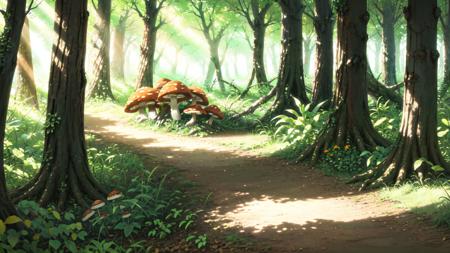 (masterpiece, best quality:1.2), no humans, forest, log, mushroom, plant, flower, glowing, dust, sunlight, sunbeam, dappled sunlight