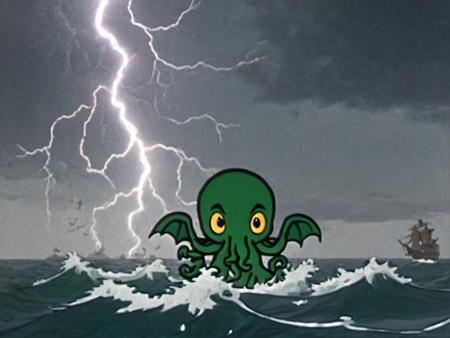 Cthulhu, standing in an ocean, dark storm and lightning in the background Rune Andreasson style <lora:Rune_Andreasson_Style:1>