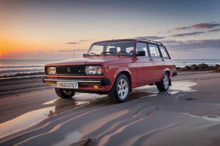 <lyco:VAZ2104:1.0>  VAZ2104 cabriolet car angled view parked on a beach, at sunset, warm light, global illumination, volumetric lighting, highly detailed, insanely detailed, absurdres, best quality