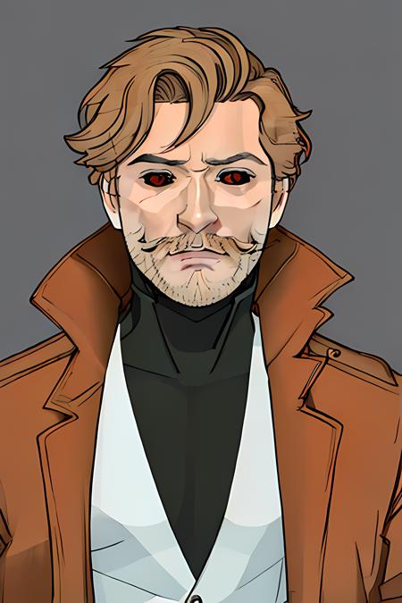 RemyLebeau, 1boy, male focus, solo, black sclera, colored sclera, facial hair, red eyes, beard, grey background, looking at viewer, blonde hair, upper body, simple background, coat, parted lips, jacket, mustache, monochrome, red sclera, short hair, digital art, trending on artstation,  <lora:RemyLebeau Journey:1>