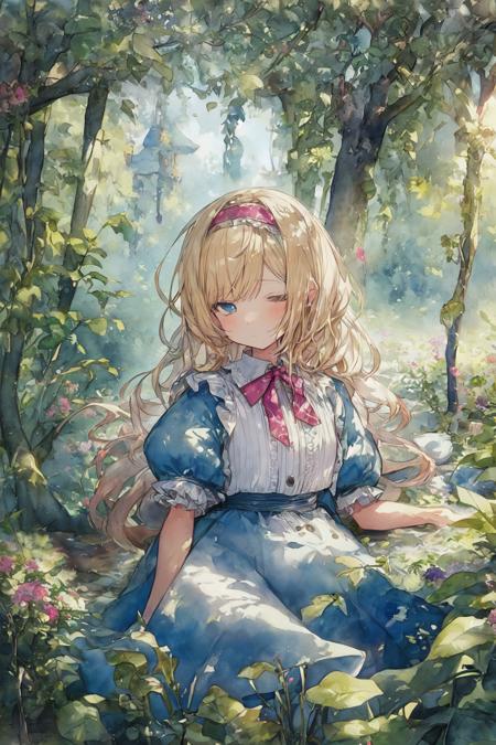 (detailed description)+,(best quality)+,(extremely detailed)+,(masterpiece)+,(ultra detailed)+,(best illustration)++,(best shadow),original, illustration, best quality, masterpiece, dynamic angle, detailed beautiful background, depth of field, beautiful light and shadow, little girl, blonde hair, blue eyes, long hair,hairband, ribbon,small breasts,((Alice in Wonderland)) , fairytale,art brush,((watercolor \(medium\))),
Sleepy,under the tree,lusty, alluring, temptation,
she was considering in her own mind (as well as she could, for the hot day made her feel very sleepy and stupid),