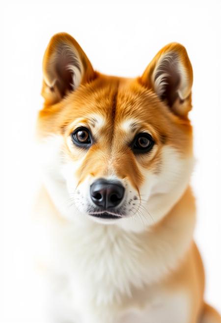 solo, looking at viewer, simple background, white background, brown eyes, blurry, no humans, animal, close-up, dog, realistic, animal focus, shiba inu, photorealistic
