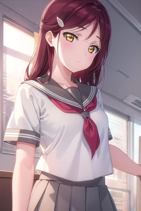 rikosakurauchi, <lora:riko sakurauchi s2-lora-nochekaiser:1>,
riko sakurauchi, long hair, hair ornament, (yellow eyes:1.3), red hair, hairclip,
BREAK skirt, school uniform, short sleeves, pleated skirt, serafuku, socks, neckerchief, kneehighs, black socks, red neckerchief, grey skirt, uranohoshi school uniform,
BREAK indoors, classroom,
BREAK looking at viewer, (cowboy shot:1.5),
BREAK <lyco:GoodHands-beta2:1>, (masterpiece:1.2), best quality, high resolution, unity 8k wallpaper, (illustration:0.8), (beautiful detailed eyes:1.6), extremely detailed face, perfect lighting, extremely detailed CG, (perfect hands, perfect anatomy),