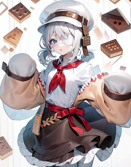 masterpiece, <lora:bakery sissela:1>, 1girl, blue eyes, solo, food, hair over one eye, (((white pantyhose))), hat, white background, white hair, skirt, neckerchief, simple background, white headwear, looking at viewer, holding, long sleeves, shoes, twintails, sleeves past wrists, shirt, brown skirt, upper body, brown footwear, bangs, black skirt, white medichal eyepatch