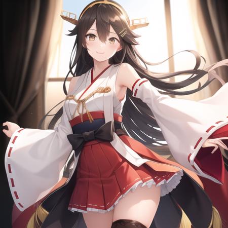 (masterpiece, best quality:1.2),illustration,8k,hd,1girl,solo,cowboy shot,black hair,gold eyes,long hair,hairband,headgear,hair ornament,hairclip,nontraditional miko,japanese clothes,detached sleeves,ribbon-trimmed sleeves,smile,wide sleeves,red skirt,pleated skirt,hakama skirt,waist bow,thigh boots,thighhighs,<lora:Haruna(kan)>,