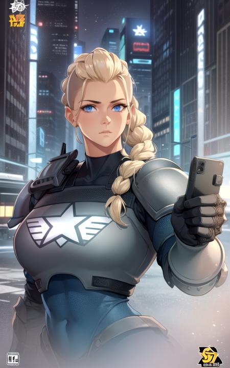 masterpiece, best quality, 1girl, solo, mature female, upper body, detailed eyes, intricate details, braid, policewoman, ((heavy armor)), helmet, gloves, looking at viewer, muscular female, broad shoulders, ((cartoon)), (((realistic)))