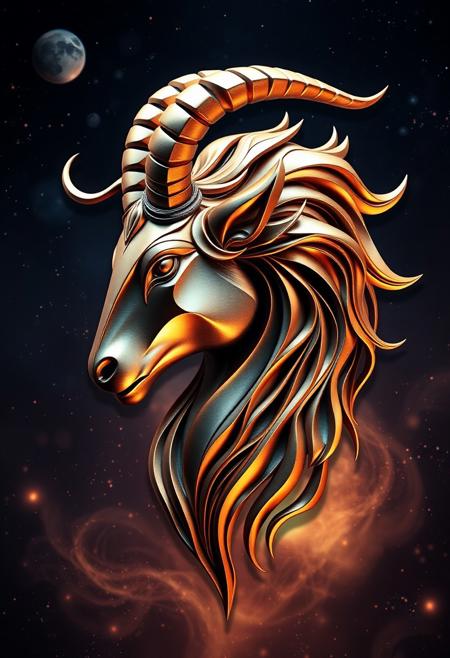 A highly detailed and intricate 3D abstract profile picture of Capricorn zodiac sign. The design should be modern and sophisticated, using a combination of metallic colors . The background should be with subtle cosmic elements, enhancing the mystical and astrological theme. The overall style should be a blend of futuristic and organic, with a high level of abstraction and artistic flair. Highest-Quality, 4k, intricate details, visually stunning, Masterpiece