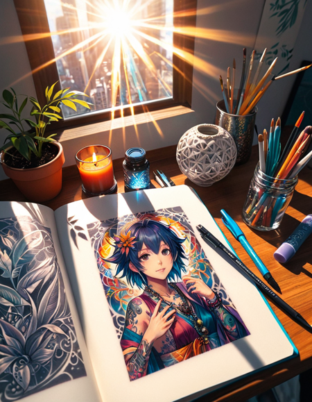 still life of a Aspiring Bohemian ral-rlstcttoo, it is smooth, Panorama, Yankeecore, Lens Flare, pov, Fujifilm Superia, pixiv, art by Atey Ghailan, anime sketch, <lora:ral-rlstcttoo:0.85>, located artistic, very coherent, fine artistic composition, detailed, highly detail, illustrious, dynamic background