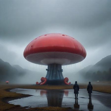 sfw, shnywrld, art style,  ,masterpiece,(best quality),extremely detailed ,   scifi, cyberpunk, steampunk, inflatable, zipper, mushroom, dramatic scene, in an open space, liminal,colourful fog, mist,colourful smoke, , shnywrld<lora:challenge\shinyworld_2dim.safetensors:0.75:0.75>