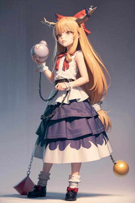 masterpiece, best quality,   <lora:suika:1>,1girl,gourd,wrist cuffs,ball and chain restraint,cube,full body,grey background,