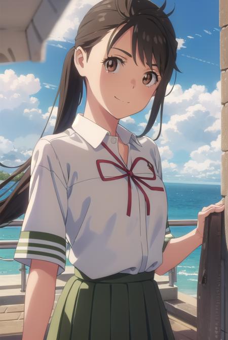 suzumeiwato, <lora:suzume iwato movie-lora-nochekaiser:1>,
suzume iwato, long hair, black hair, hair ornament, (brown eyes:1.5), hairclip, ponytail, smile,
BREAK skirt, shirt, ribbon, school uniform, white shirt, red ribbon, green skirt, long skirt,
BREAK outdoors, sky, day, cloud, sun,
BREAK looking at viewer, (cowboy shot:1.5),
BREAK <lyco:GoodHands-beta2:1>, (masterpiece:1.2), best quality, high resolution, unity 8k wallpaper, (illustration:0.8), (beautiful detailed eyes:1.6), extremely detailed face, perfect lighting, extremely detailed CG, (perfect hands, perfect anatomy),