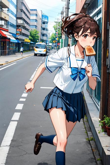 senomiya akiho serafuku, blue bow, pleated skirt, blue socks, loafers