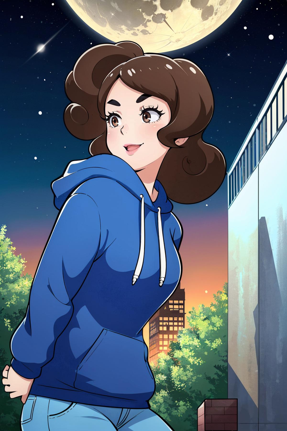 A woman wearing a blue hoodie standing in front of a building at night.