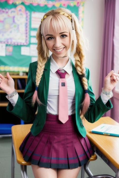 photo of proxy-3000, solo, Masterpiece, best_quality, high_resolution, distinct_image, high_contrast, 8K, kawaii anime girl, beautiful detailed skin, detailed face, (school uniform:1.1), Braid, (delicated skirt:1.05), shy, indoors, room, hand on breasts, indoors, class room