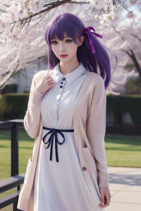 ultra-detailed,highly detailed,best quality,masterpiece,illustration,
matou sakura, 1girl, solo, 
purple hair, purple eyes, long hair, hair ribbon,hair behind ear, 
dress, ribbon, official alternate costume, cardigan, casual,  long sleeves, collared dress, 
photo background, standing, outdoors,wind,floating hair,falling petals, looking at viewer,
 <lora:matou sakura_zzs_v1_04:0.7>