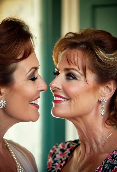 Extreme close up shot of the faces of , 50s Film drama Medium shot ,  ((( glamours darla crane  mature kissing fiona brice ))) summer dress, walking in a street , Photorealistic,, cinematic film still of  50yo , grey eyes, smiling,  big breast. a woman with a shadow on her face casting shadow style cucoloris patterned illumination, shallow depth of field, vignette, highly detailed, high budget, bokeh, cinema scope, moody, epic, gorgeous, film grain, grainy.Linda boreham and carol vorderman  , SMILING ,embraced , kissingIn a romantic location: kitchen of a mansion )), Bokeh DOF, (masterpiece:1.2), (best image quality:1.2) RAW photo, photorealistic, very grainy, , 
mirror selfie ,, 
(haze, noise, lens dirt, blownout overexposed, clipped highlights, blur, motionblur, bad quality, film grain)