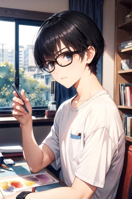 masterpiece, best quality, , 1boy, solo, male focus, looking at viewer, upper body, , (watercolor illustration, soft pastel colors:1.1), , <lora:tomoya_aki:0.74>, tomoya_aki, black hair, black eyes, , , science fiction social science fiction, 4k resolution