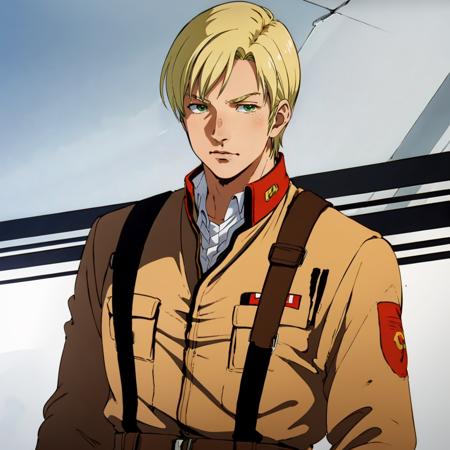 masterpiece,high quality,solo,
<lora:bernardwiseman001:0.7>,
bernardwiseman,1boy,
blonde hair,green eyes,
military uniform,helmet,serious,