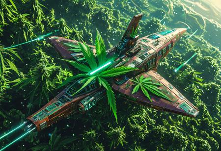An enormous colossal steampunk cyberpunk spaceship emerges from hyperspace above a bule green planet. It is shaped like a cannabis leaf and has "420" painted on the hull. The image has a colorful cyberpunk scifi aesthetic. Award winning photography in the style of National Geographic.