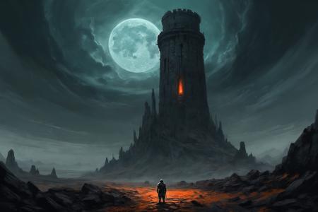 A digital painting depicting a dark and sinister landscape and eclipse inspired by the Dark Souls and Grimdark aesthetic. A solitary astronaut, standing before a malevolent ancient tower. The tower is etched with mysterious, luminous runes and encircled by floating, ominous rocks. Overhead, the sky churns with oppressive clouds hinting at an approaching storm. The terrain is harsh, strewn with sharp rocks, and permeated with a sense of desolation. The color scheme is dominated by dark grays, deep oranges, and intermittent flashes of teal from the glowing runes. The digital art style should be detailed and atmospheric, with strong contrasts, intricate textures, and a palpable sense of decay and forgotten lore.