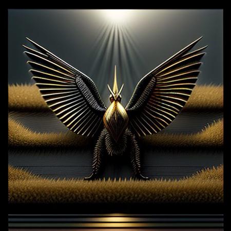 OverallDetail, rim light, gl0ssy_vray_8k, Extremely intricate, epic background, gigantic, masterpiece, 8k resolution, otherworldy animal, amazing, different angles, front view, faraway view, from below, matte black, gilding