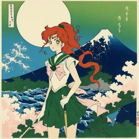 redhead magical girl SailorJupiter in school uniform shooting (lightning:1.5), Hokusai style, mount fuji background