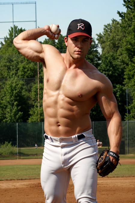baseballplayer holding baseball bat, baseball uniform, helmet/baseball cap, jockstrap/underwear/white pants, gloves/baseball mitts