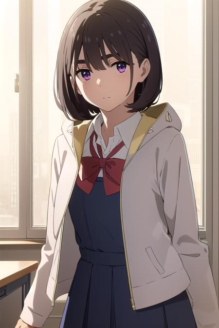 aoiaioi, <lora:aoi aioi movie-lora-nochekaiser:1>,
aoi aioi, short hair, black hair, red eyes, purple eyes,
BREAK shirt, dress, bow, school uniform, jacket, white shirt, collared shirt, hood, bowtie, red bow, red bowtie,
BREAK indoors, classroom,
BREAK looking at viewer, (cowboy shot:1.5),
BREAK <lyco:GoodHands-beta2:1>, (masterpiece:1.2), best quality, high resolution, unity 8k wallpaper, (illustration:0.8), (beautiful detailed eyes:1.6), extremely detailed face, perfect lighting, extremely detailed CG, (perfect hands, perfect anatomy),