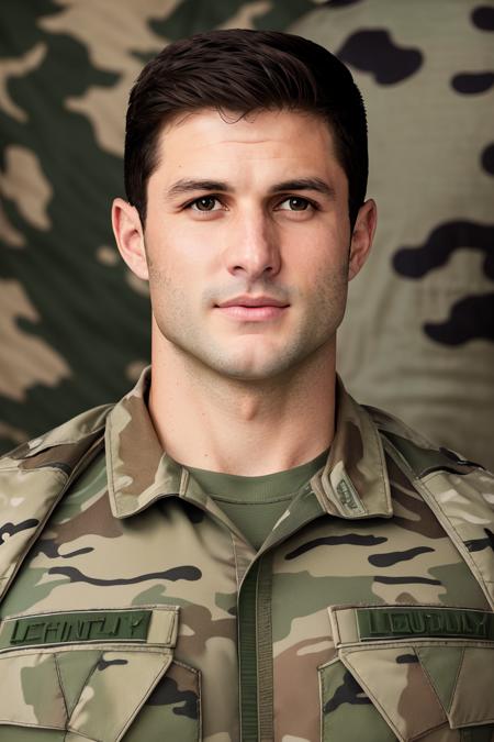 a photo of RJP0rta1es, a man, RAW, close portrait photo, green military camouflage uniform, (high detailed skin:1.2), 8k uhd, dslr, soft lighting, high quality, film grain, Fujifilm XT3 sharp focus, f 5.6