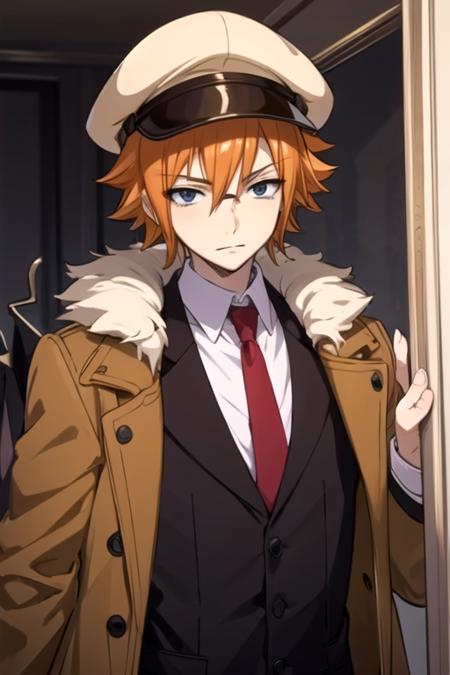 masterpiece, best quality, , 1boy, solo, male focus, looking at viewer, upper body, , anime coloring, , <lora:loki_fairy_tail:0.66>, loki_fairy_tail, orange hair, black eyes, , , pea coat, newsboy cap, changing room,