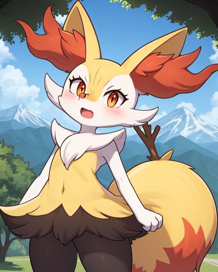 1girl, solo, looking at viewer, blush, open mouth,  red eyes, outdoors, tree, mountain, holding, animal ears, standing, tail,  fang,  flat chest, orange eyes, animal ear fluff, fox ears, pokemon (creature), fox tail,  fox girl, furry, fur collar, furry female, body fur, white fur, animal nose, snout, stick, yellow fur, black fur, holding stick, , multicolored fur , braixen, 8K, masterpiece, beautiful