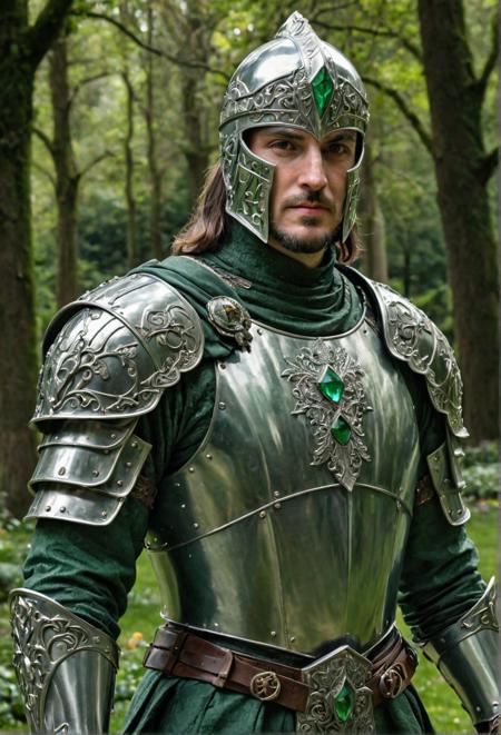 the green knight, clad in silver and green plate armor and ready to do battle with evil, three emerald stones on his chestplate, in the royal gardens, classic fantasy art, cover art