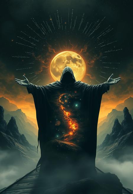 A universe inside a dark cloaked figure within mysterious landscape in an unfathomable realm of fantastic creation inhabited by ancient shadows of a forgotten time beyond the gate of the gateless gate where life is limitless, light is shadow and shadow is light, eerie sense, horror, spark of the beginning, existence and nonexistence at once, ethereal, outstretched arms, behold the end of the beginning, inglorious glory to the dark one, betrayal of the ancient order