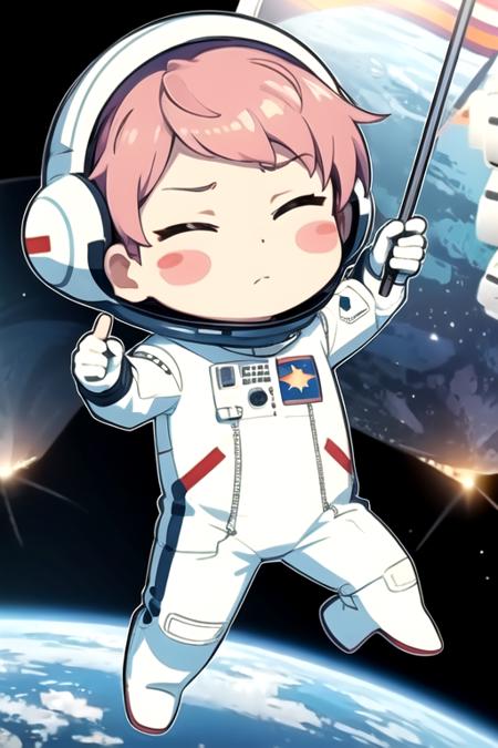 <lora:ShuItsuki-07:0.8>,shu_es, solo, 1boy, holding, closed mouth, full body, closed eyes, pink hair, male focus, chibi, blush stickers,outline, flag, white outline, spacesuit, holding flag, space helmet, astronaut