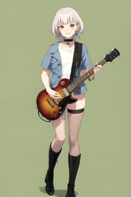 <lora:KanameRana-04:0.7>,ranamygo, 1girl, solo, smile, short hair, simple background, shirt, thighhighs, holding, brown eyes, jewelry, standing, collarbone, jacket, full body, white shirt, white hair, short sleeves, grey hair, earrings, boots, choker, black footwear, collar, knee boots, blue jacket, instrument, fishnets, cross-laced footwear, green background, guitar, playing instrument, holding instrument, fishnet thighhighs, electric guitar, plectrum, denim jacket