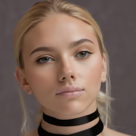 High quality portrait photo of a beautiful young woman (wearing lipgloss) and wearing a black thin choker, she has long blonde hair that is tied up in a messy bun, Nikon Z9, skin texture visible, (sharp focus), (high quality), facing forward