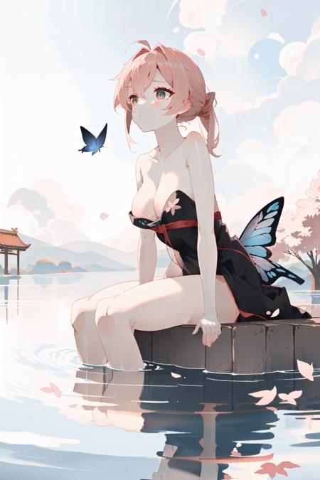 masterpiece, best quality, ultra-detailed, illustration, 1girl, solo,((sitting in the shallow water, surrounded by pink sakura petals floating on the water)), butterfly, wisteria, electricity, blue sky, cloudy sky,(large breasts), ((eye focus)), expressionless, critical angle, bokeh, depth of field, ((eye focus)), light glowing particles, arms behind back,