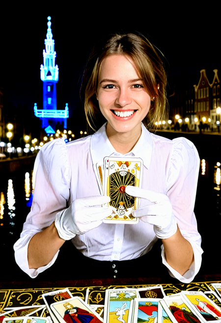 masterpiece, best quality, 1girl,  solo, white sleeves, white shirt, safe. white gloves, holding card, tarot, smile, open mouth, city, night, dutch angle, vpzdxizz ,  <lora:VdiffNeedBoobNuts:0.5>