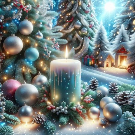 Light blue Christmas candle located on one side of the image. Background with Christmas pine branches, colorful lights. Back ground Large Christmas tree, with bright silver and light blue and multicolored garlands. Background from light blue to silver light scale. 3D rendering, fashion, cute, fantasy art, high definition, ultra-real, Christmas style.