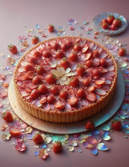 strawberry tart, p1nk1r1fl0wers, made out of iridescent flower petals, high quality, masterpiece <lora:PinkieIriFlwrsSDXL:1>