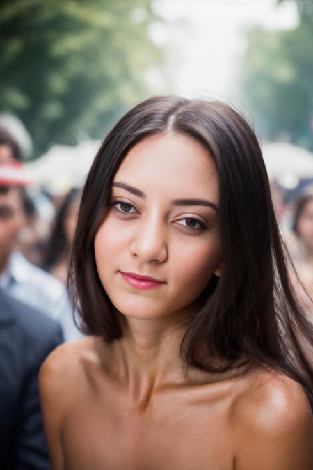 A stunning intricate full color portrait of  a woman,wearing a crowded street, spectators, happy, epic character composition,by ilya kuvshinov, alessio albi, nina masic,sharp focus, natural lighting, subsurface scattering, f2, 35mm, film grain <lora:ShrimaMalati:1>