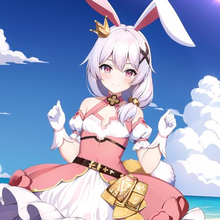 (masterpiece:1.2), (best quality:1.3), absurdres, magical_teriri, 1girl, flat_chest, standing, smile, hair_ornament, rabbit_ears, pink_dress, white_gloves, magical_girl, <lora:magical_teriri_v4-000025:1>