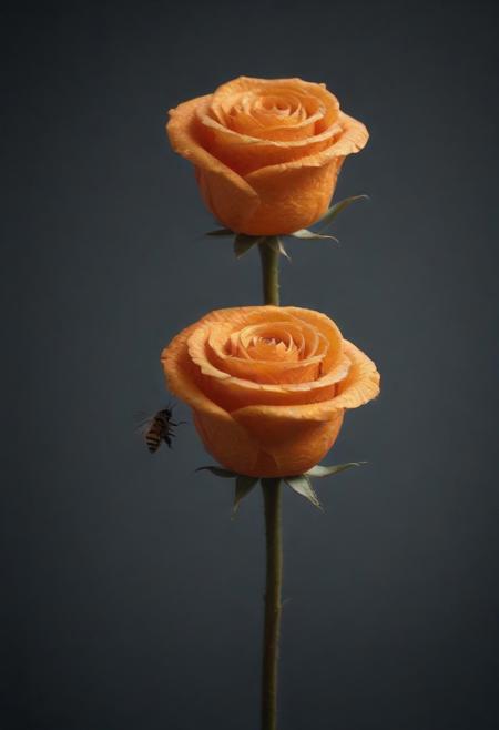 lazypos, cf_style, best artist, best shadows, best lighting, best textures, masterpiece, Rose made of orange peel, stem, thorns, glistening, dewdrops, bokeh, bees flying,