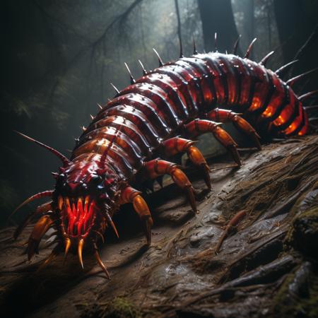 highly detailed documentary photo of giant centipede:1.3,

red body, teeth, open mouth, realistic, glowing, spikes

masterpiece, best quality:1.1, 

ultra photoreal, photorealistic:1.0, sharp focus:1.1, 
depth of field:1.1, 

50mm, style of Nathan Wirth, Hasselblad X1D II, Porta 160,
