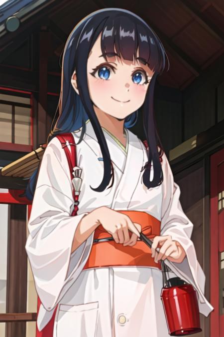 best quality, masterpiece, highres, solo, {white kimono:1.35}, {red hakama:1.35}, {wide sleeves:1.20}, {koganeikoyuzu_edomaeelf:1.15}, black_hair, long_hair, bangs, blue_eyes, blush, smile, blunt_bangs