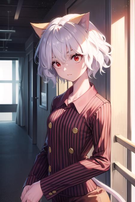 neferpitou, <lora:neferpitou-lora-nochekaiser:1>,
neferpitou, short hair, (red eyes:1.5), animal ears, hair between eyes, tail, white hair, cat ears, cat tail, cat girl, curly hair, <lora:catmouth_v100:1>, :3,
BREAK long sleeves, shorts, striped, buttons, brown shorts, shirt, collared shirt, blue shirt,
BREAK looking at viewer,
BREAK indoors, classroom, (cowboy shot:1.5),
BREAK <lyco:GoodHands-beta2:1>, (masterpiece:1.2), best quality, high resolution, unity 8k wallpaper, (illustration:0.8), (beautiful detailed eyes:1.6), extremely detailed face, perfect lighting, extremely detailed CG, (perfect hands, perfect anatomy),